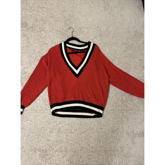 Mango Red White Stripe V Neck Sweater Sleeves Size S - Picture 1 of 5